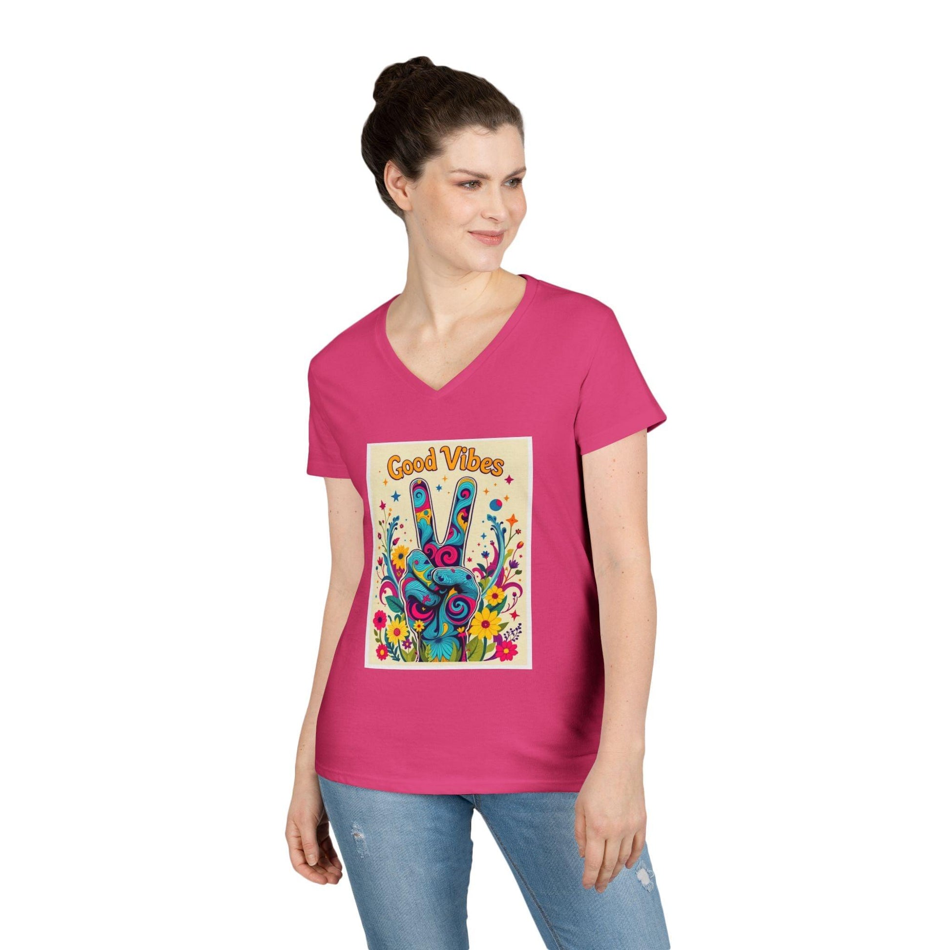 Good Vibes Ladies' V-Neck T-Shirt Peace & Positivity Design - Even Keel LLC