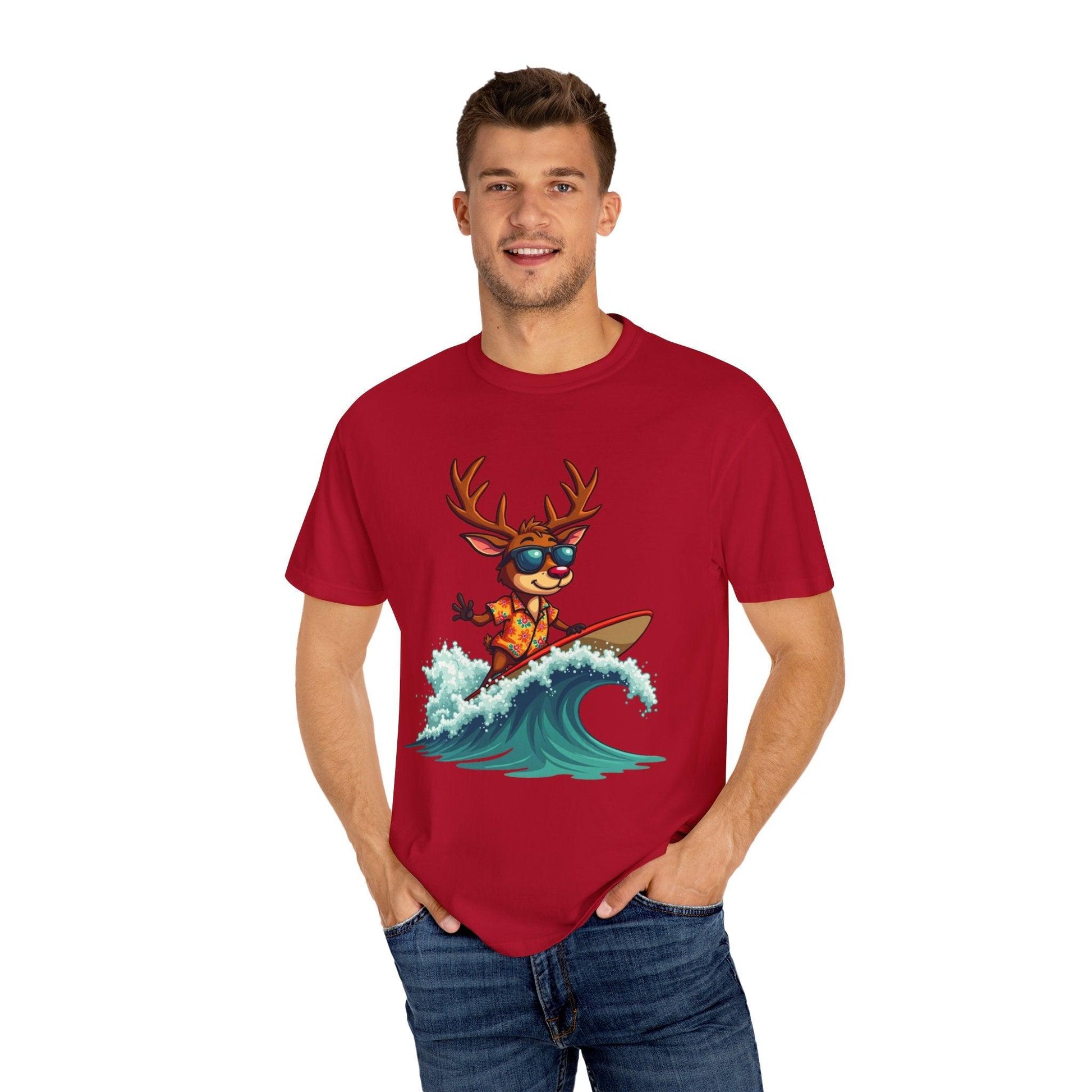 Surfing Reindeer T-Shirt for Fun Holiday Casual Wear - Even Keel LLC