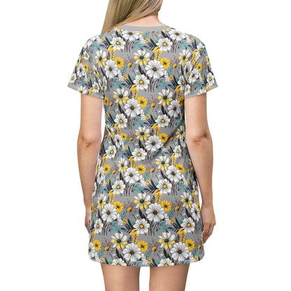 Floral Summer T-Shirt Dress Gray Yellow White - Even Keel LLC