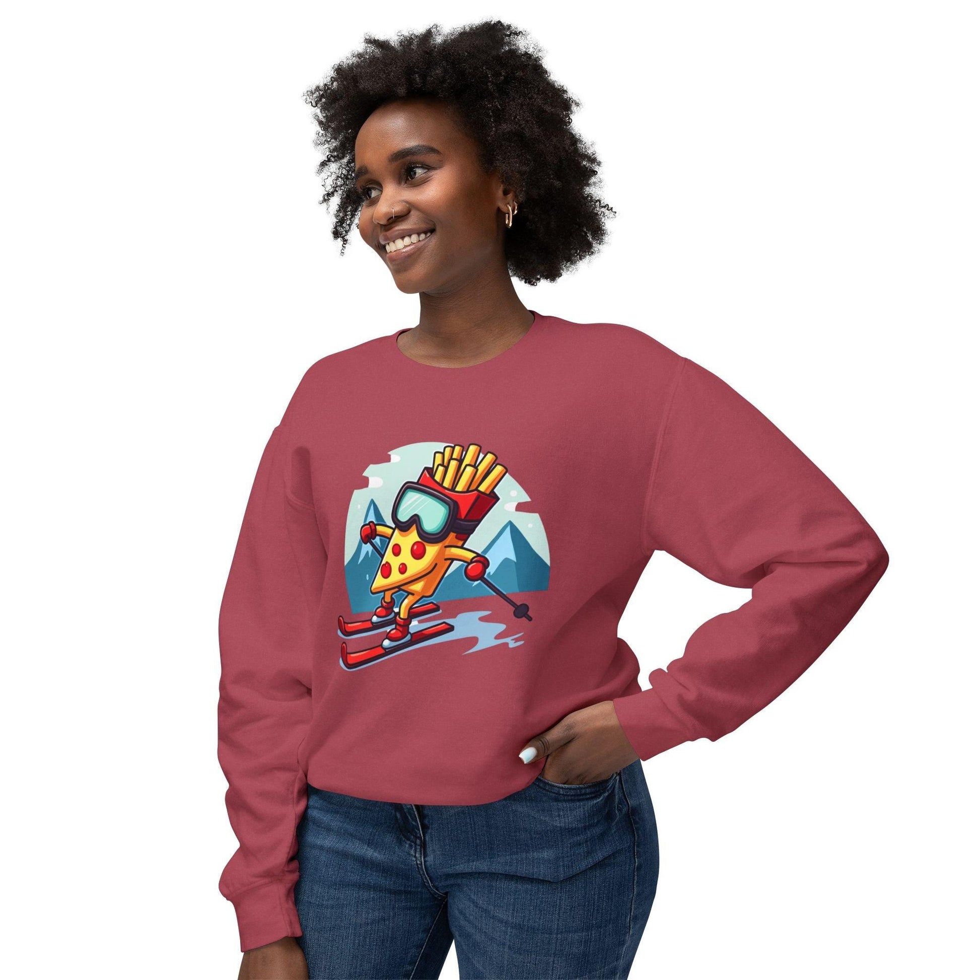 Crewneck Sweatshirt - Pizza Or French Fry Skiing Design - Even Keel LLC