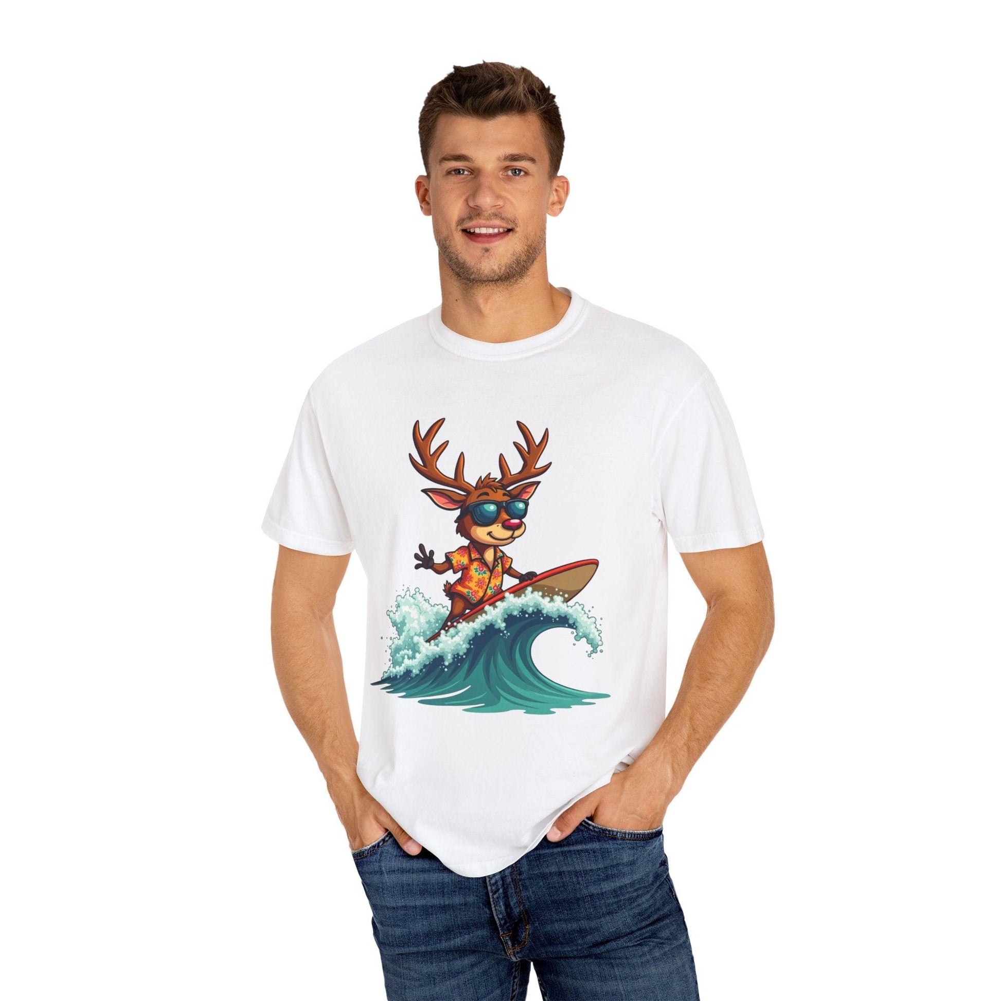 Surfing Reindeer T-Shirt for Fun Holiday Casual Wear - Even Keel LLC