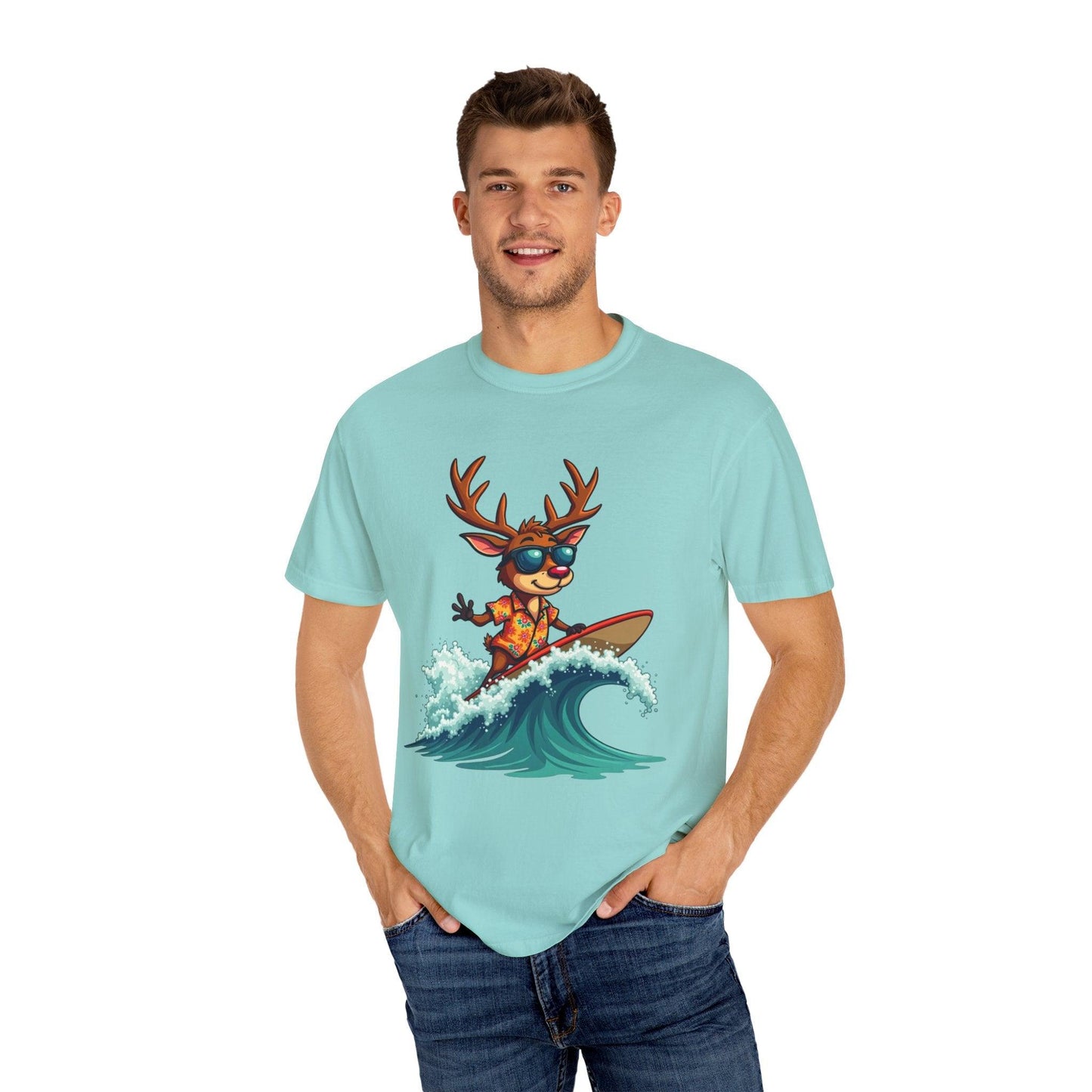 Surfing Reindeer T-Shirt for Fun Holiday Casual Wear - Even Keel LLC