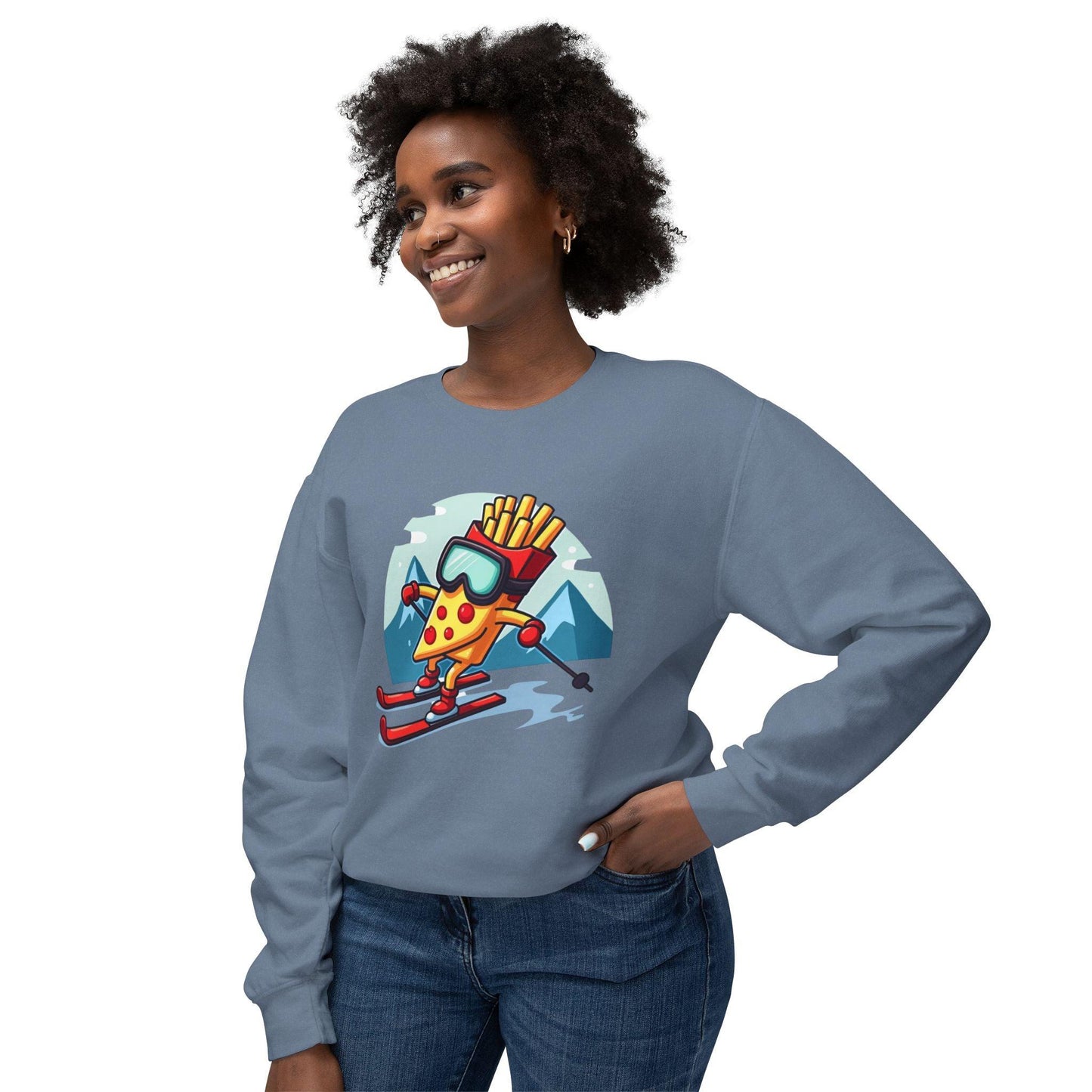 Crewneck Sweatshirt - Pizza Or French Fry Skiing Design - Even Keel LLC