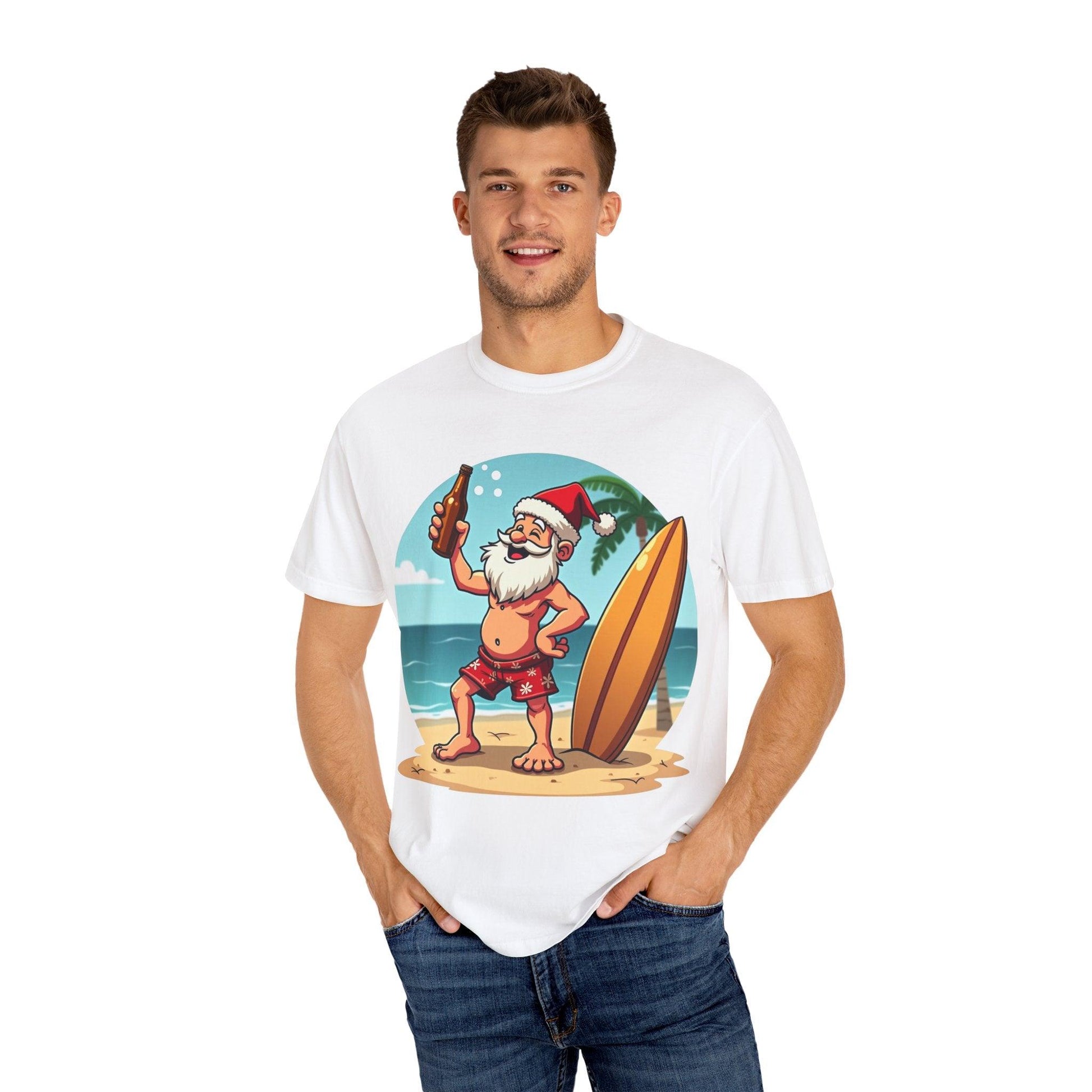 Santa Drinking Beer Surf Tropical Unisex T-Shirt for Fun - Even Keel LLC