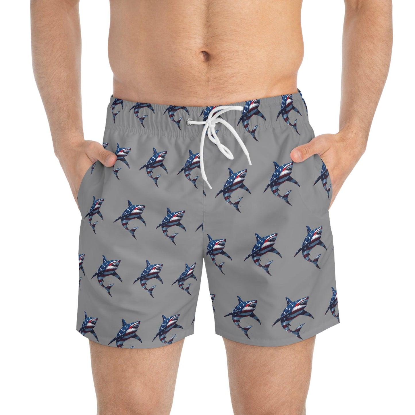 Patriotic Shark Print Swim Trunks - Perfect for Summer and Beach Adventures - Even Keel LLC