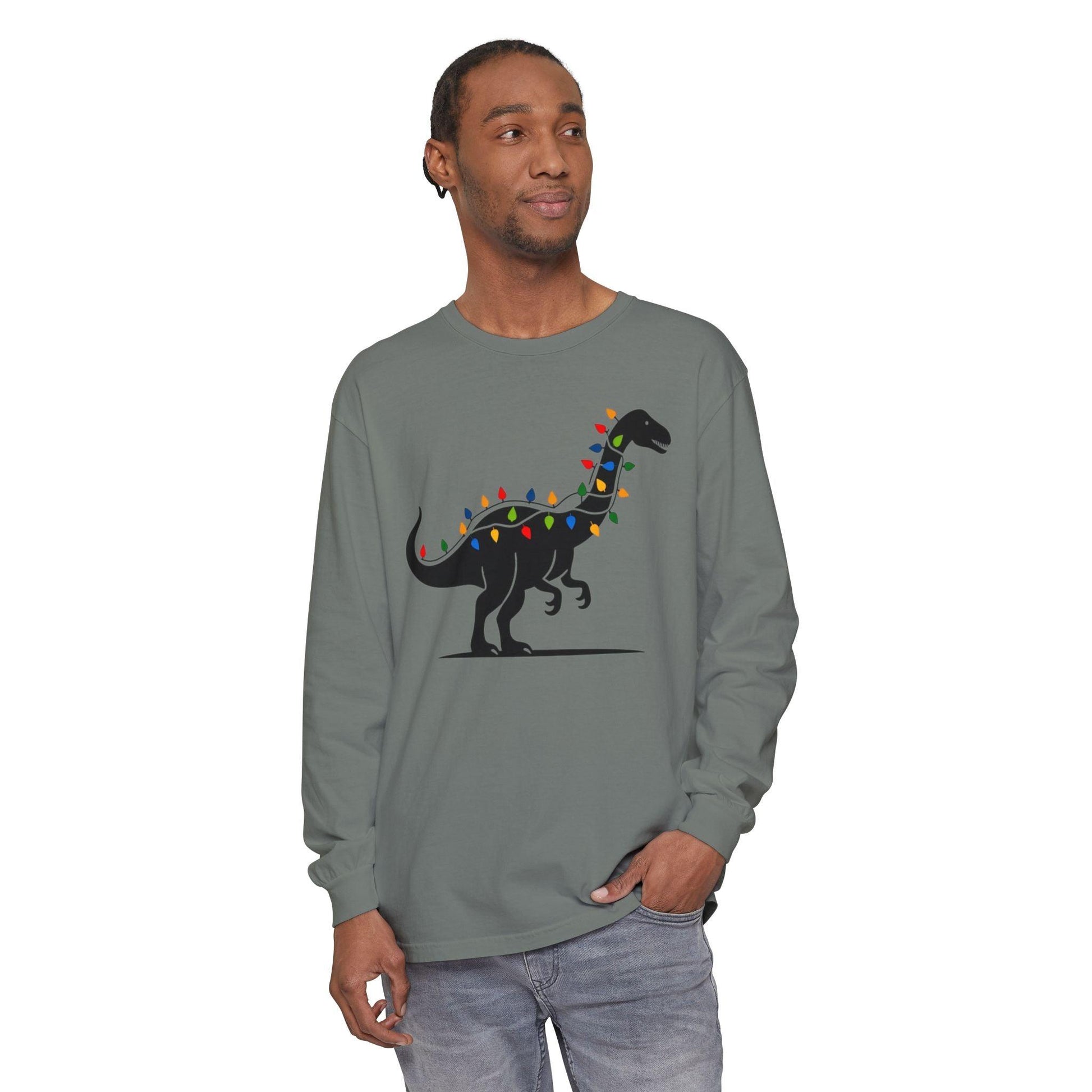 Christmas Dinosaur Long Sleeve T-Shirt for Holiday Fun - Even Keel LLC