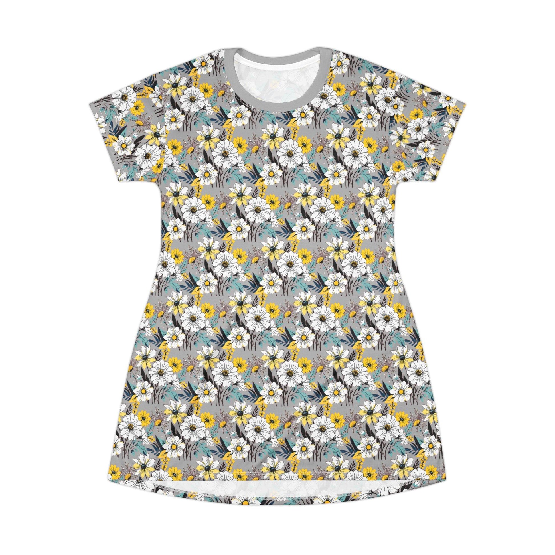 Floral Summer T-Shirt Dress Gray Yellow White - Even Keel LLC