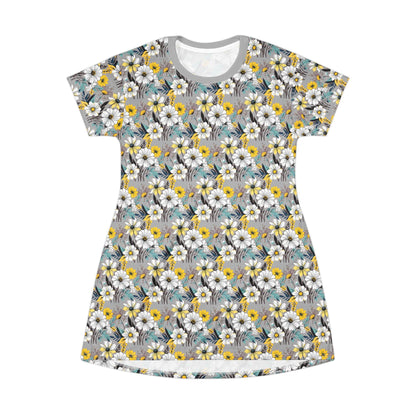 Floral Summer T-Shirt Dress Gray Yellow White - Even Keel LLC