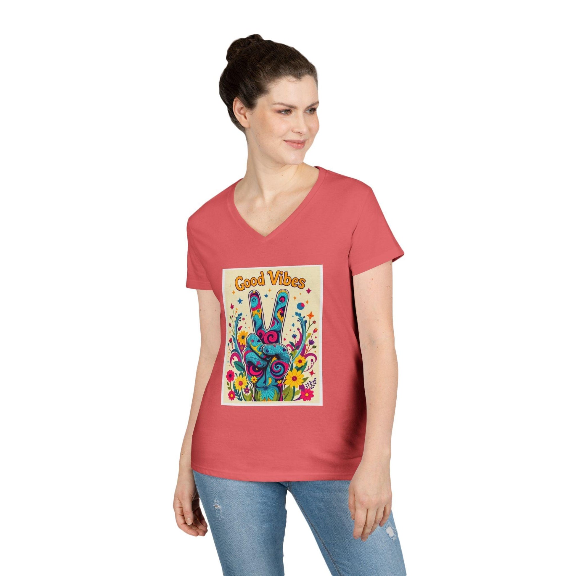 Good Vibes Ladies' V-Neck T-Shirt Peace & Positivity Design - Even Keel LLC