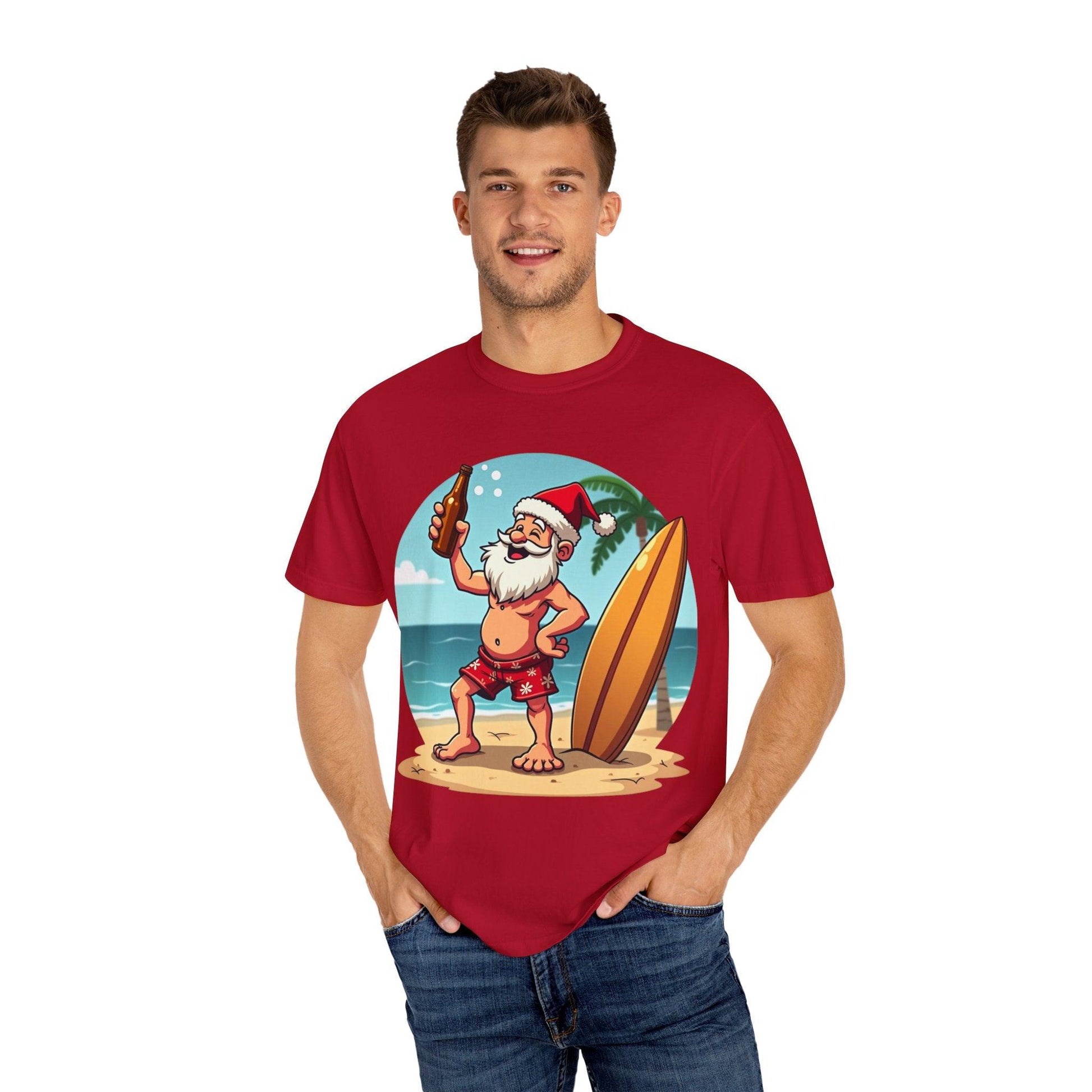 Santa Drinking Beer Surf Tropical Unisex T-Shirt for Fun - Even Keel LLC