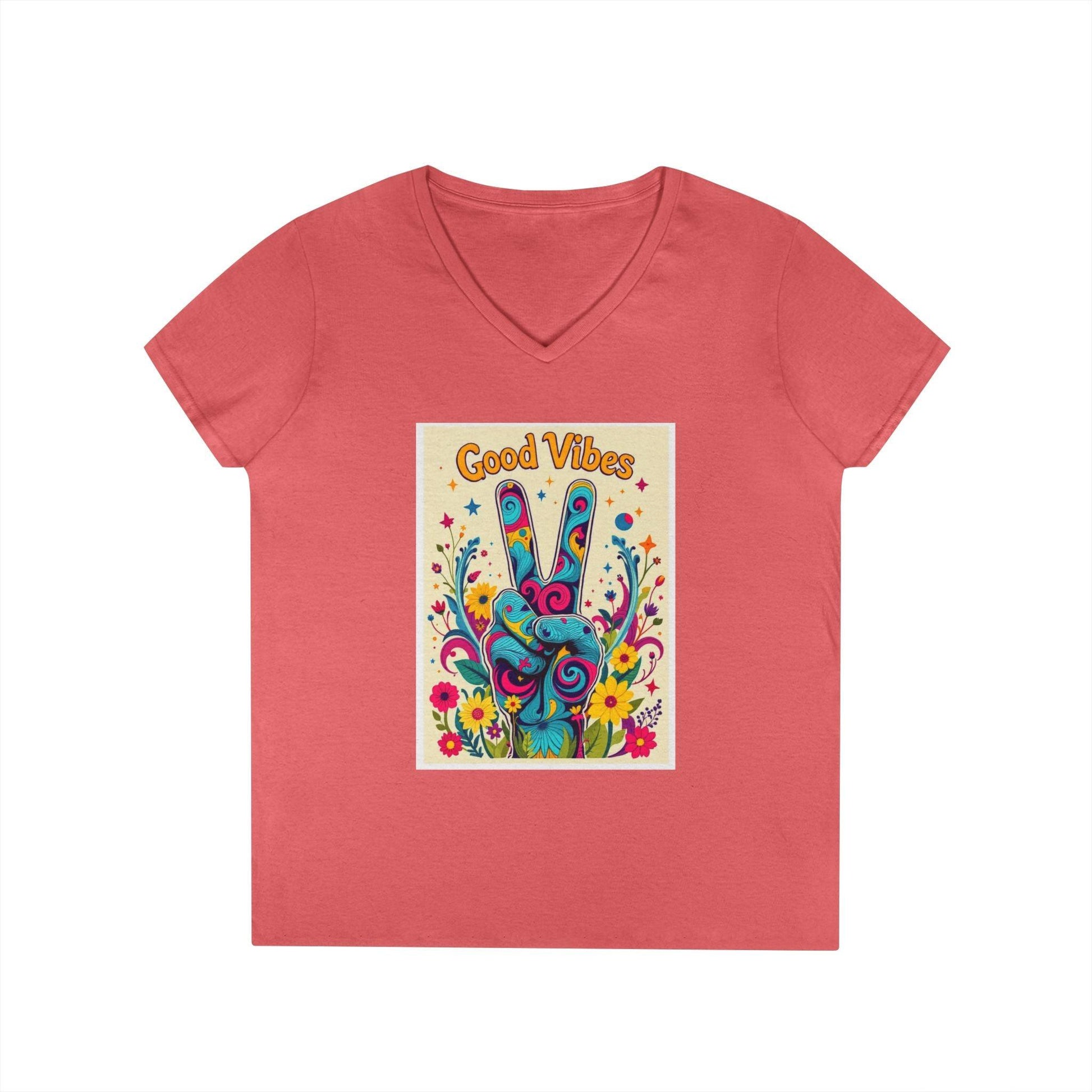 Good Vibes Ladies' V-Neck T-Shirt Peace & Positivity Design - Even Keel LLC