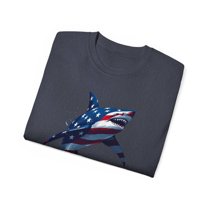 Patriotic Shark Unisex Ultra Cotton Tee | American Flag Design - Even Keel LLC