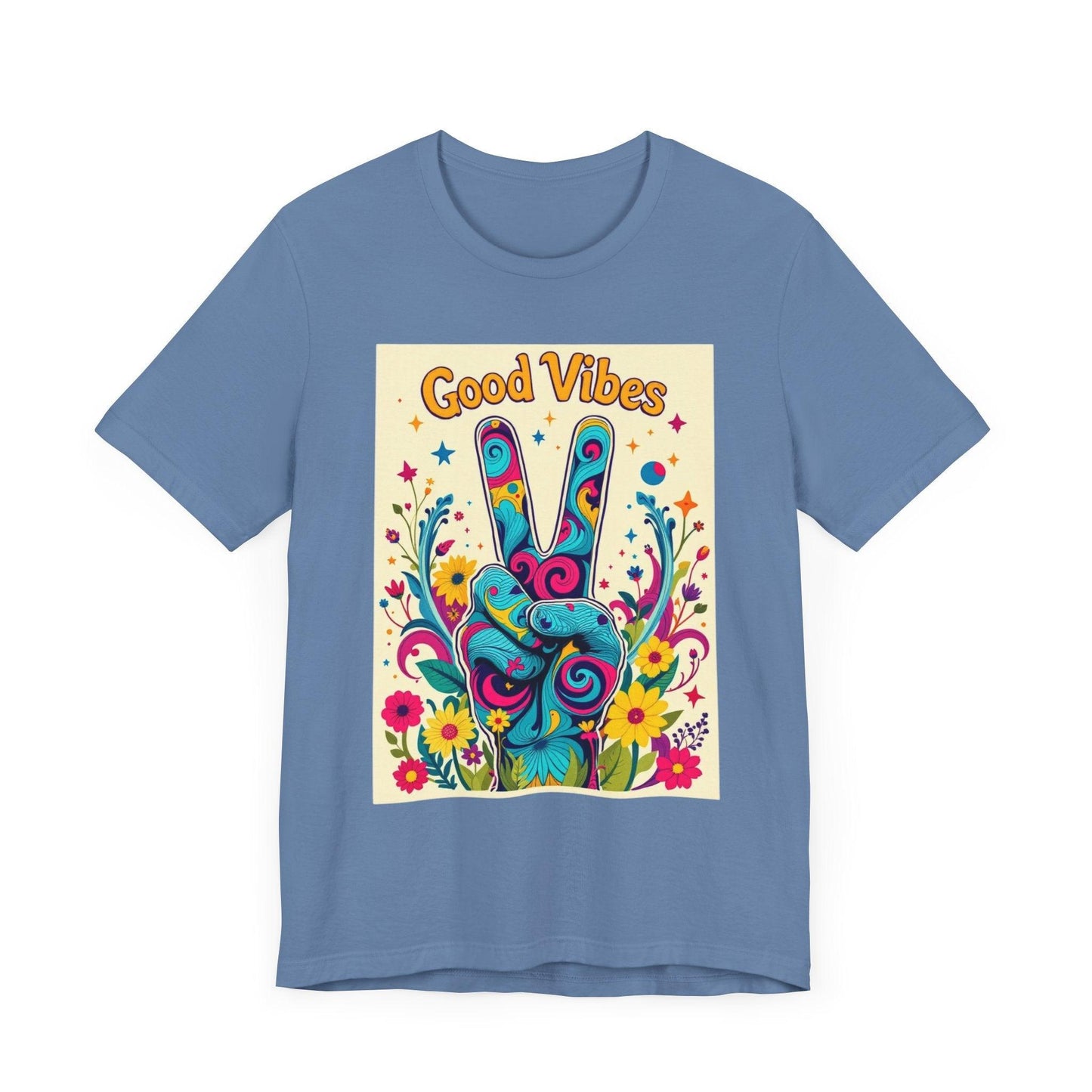 Good Vibes Unisex Jersey Tee Colorful Peace Flower Design - Even Keel LLC