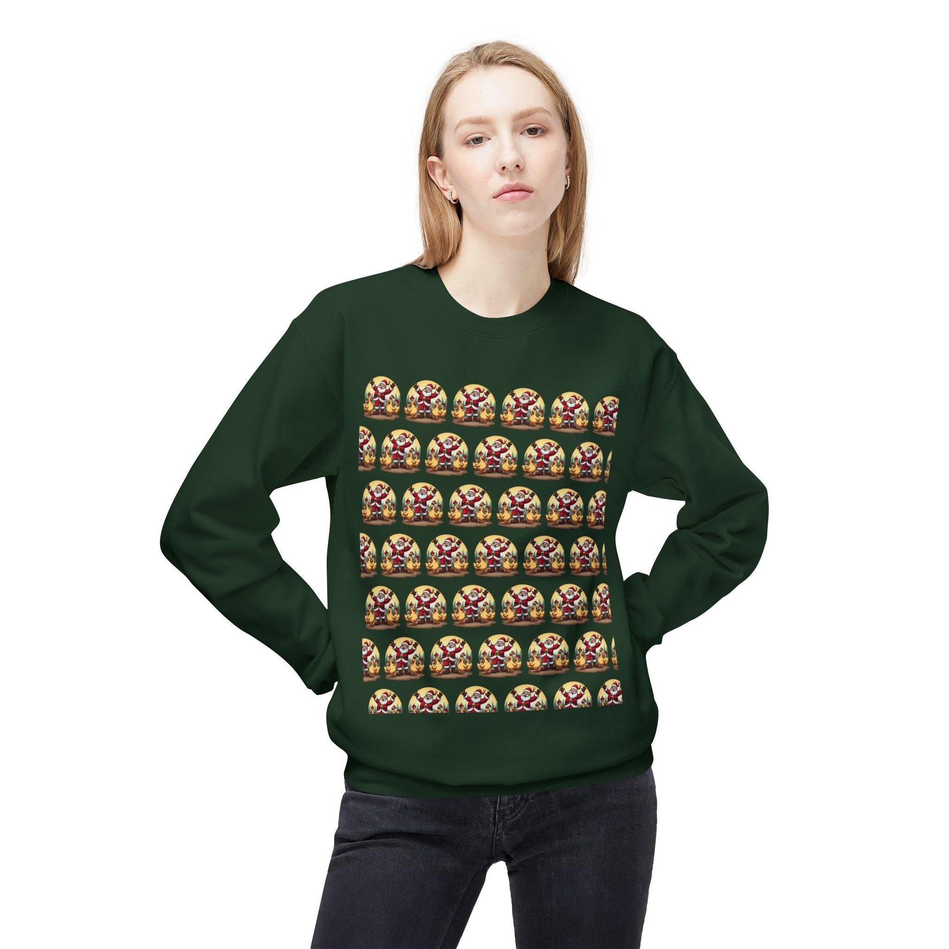 Santa With His Chicks Fleece Crewneck Sweatshirt for Adults - Even Keel LLC