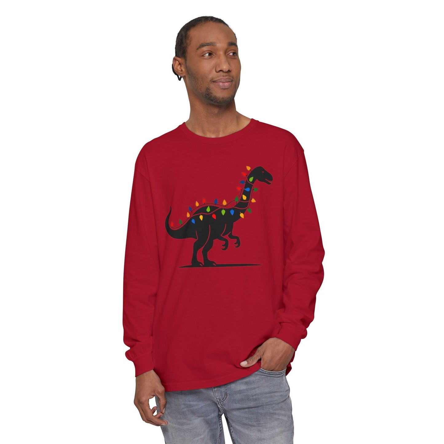 Christmas Dinosaur Long Sleeve T-Shirt for Holiday Fun - Even Keel LLC