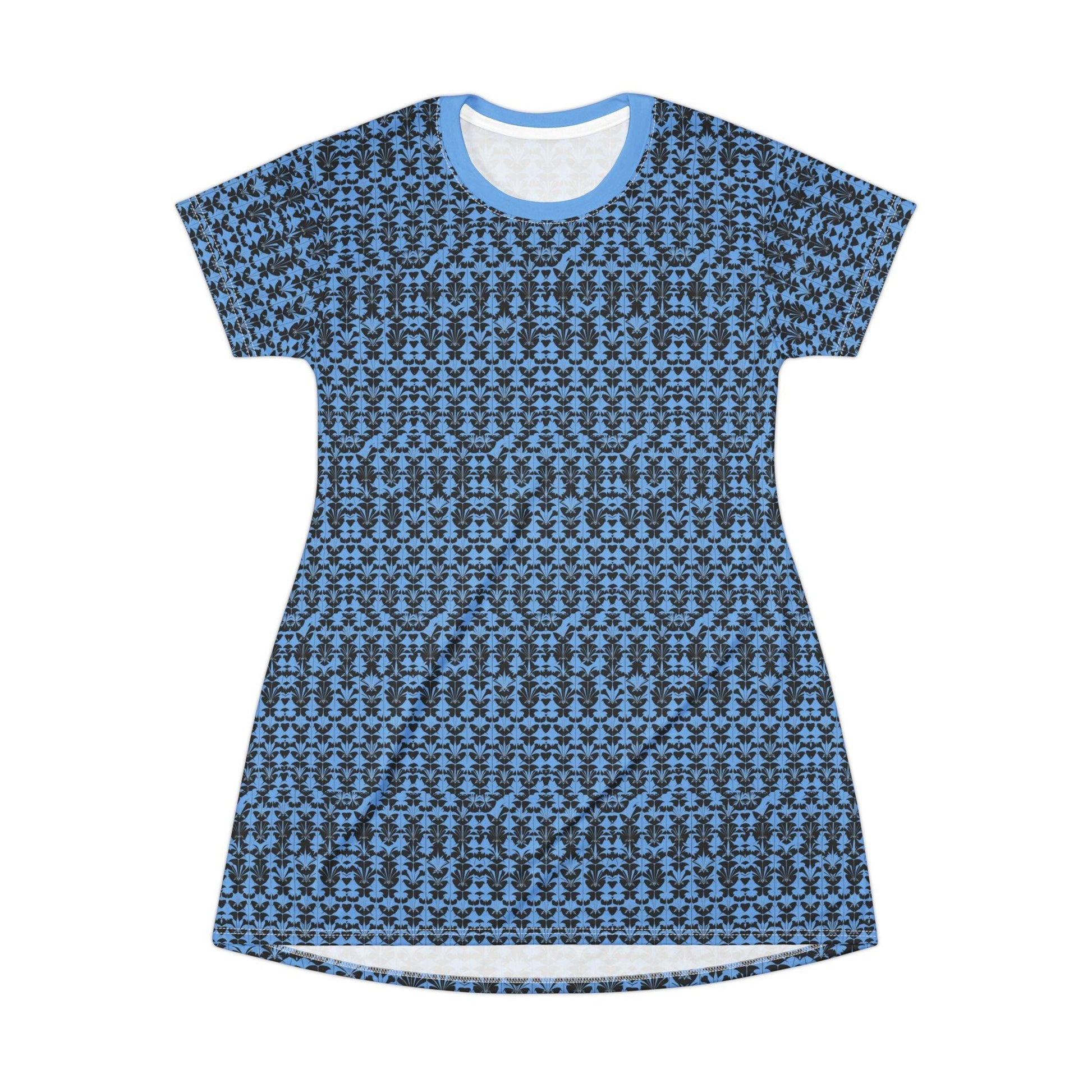 Blue Patterned T-Shirt Dress - Comfortable Casual Floral Dress - Even Keel LLC