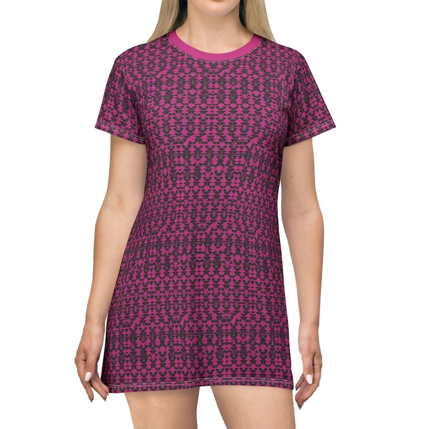 Magenta Patterned T-Shirt Dress - Comfortable Casual Floral Dress - Even Keel LLC